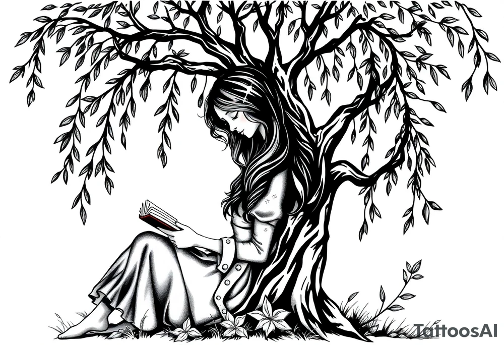 Magical woodland scene with a pretty girl reading a book leaning against a very pretty willow tree tattoo idea