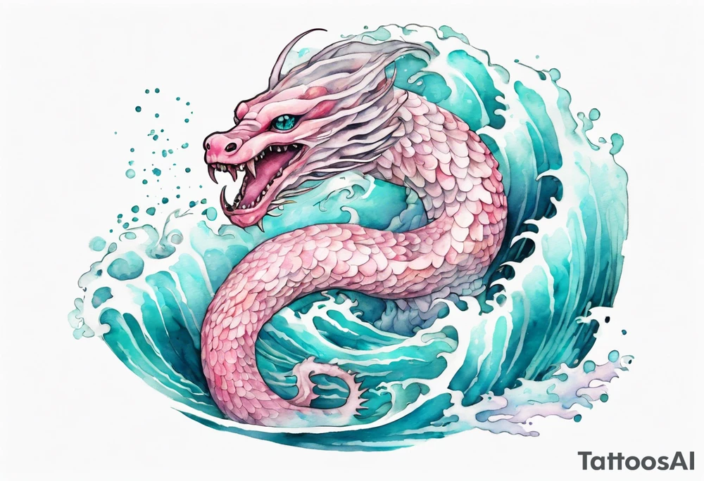 a gentle Falkor sea-serpent hybrid with turquoise and pink scales emerging from the waves tattoo idea