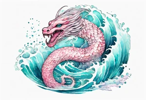 a gentle Falkor sea-serpent hybrid with turquoise and pink scales emerging from the waves tattoo idea