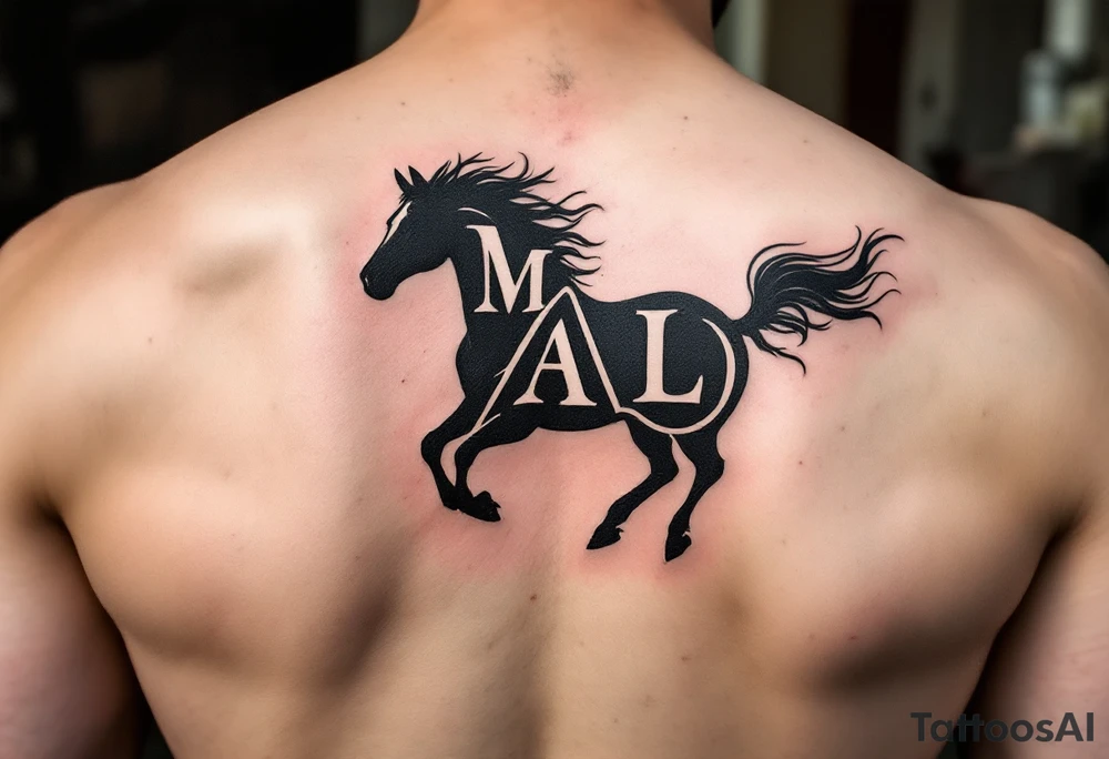horse silhouette 
from the front which gallops towards us, with the 3 integrated letters: M, A, L tattoo idea