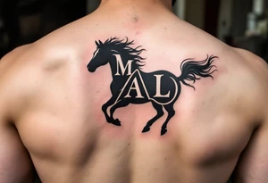 horse silhouette 
from the front which gallops towards us, with the 3 integrated letters: M, A, L tattoo idea