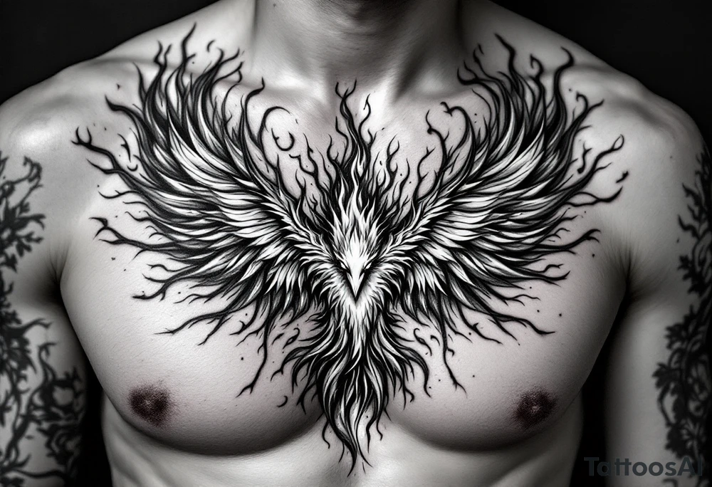 Realistic and symmetrical flaming Phoenix rebirth with spread low wings surrounded by fire mapped onto chest
Phoenix head must be in the middle of the chest, straight and symmetrical 
Fire should be surrounding spread wings
Wings should be spread low only on chest muscle tattoo idea