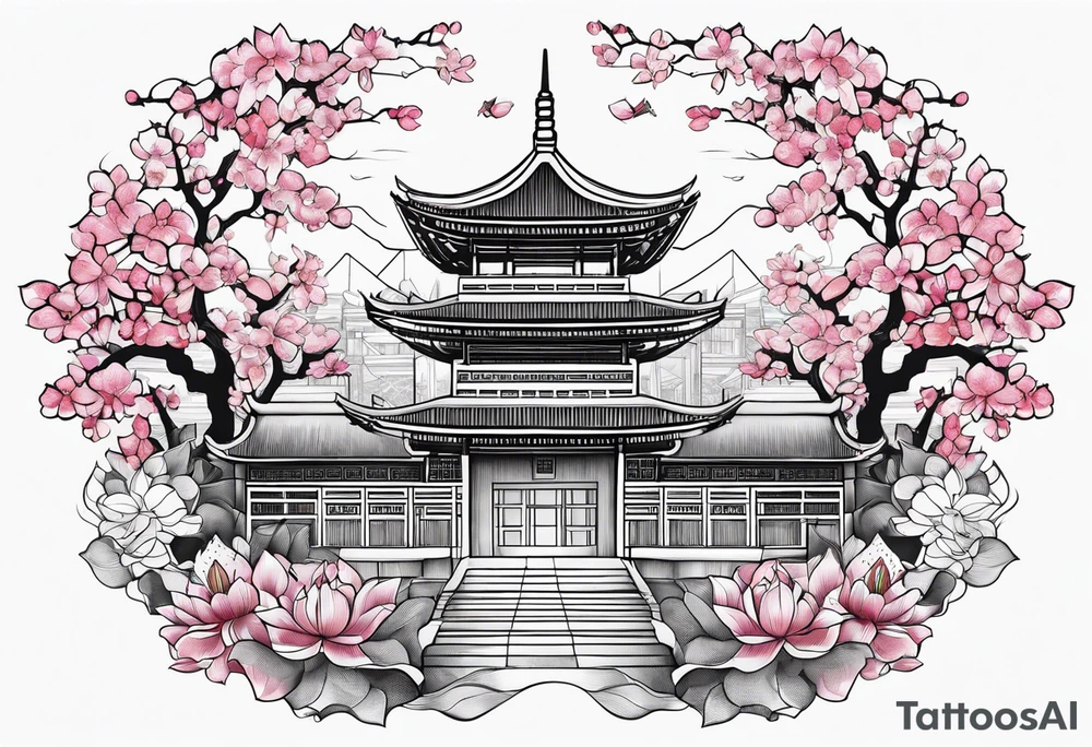 Cherry blossom, china building and lotus flower tattoo idea