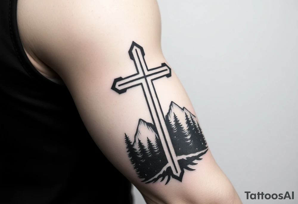 russian christian orthodox cross which is relatively small, with the diagonal line at the bottom with a light forrest with a light mountainous setting tattoo idea