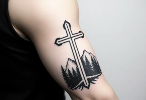 russian christian orthodox cross which is relatively small, with the diagonal line at the bottom with a light forrest with a light mountainous setting tattoo idea