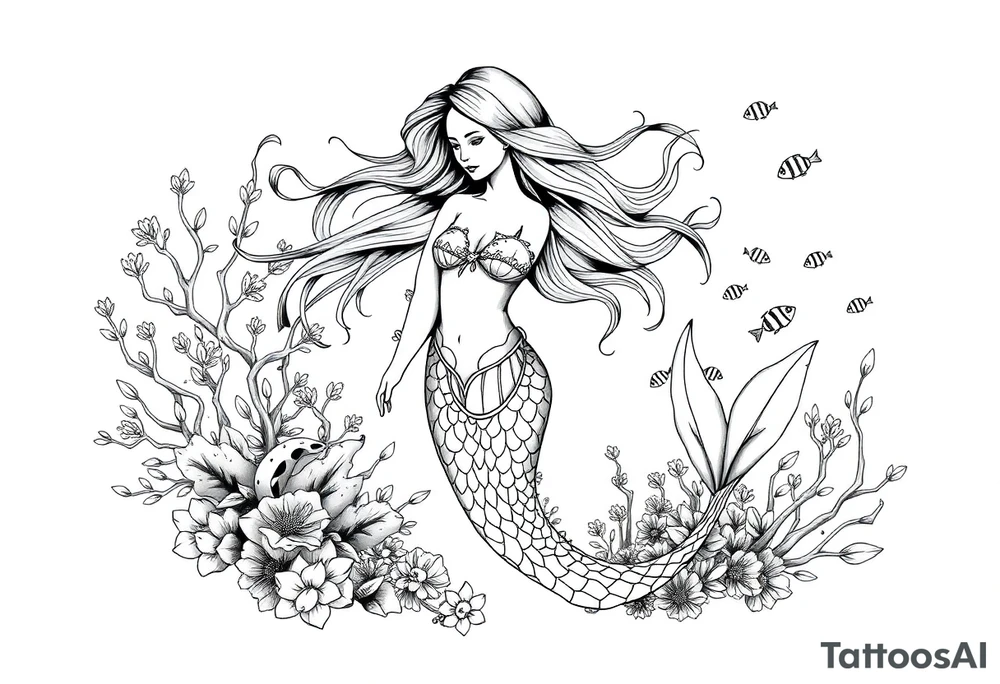 ethereal mermaid with flowing hair among coral reef and small fish tattoo idea