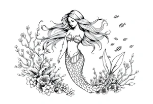 ethereal mermaid with flowing hair among coral reef and small fish tattoo idea