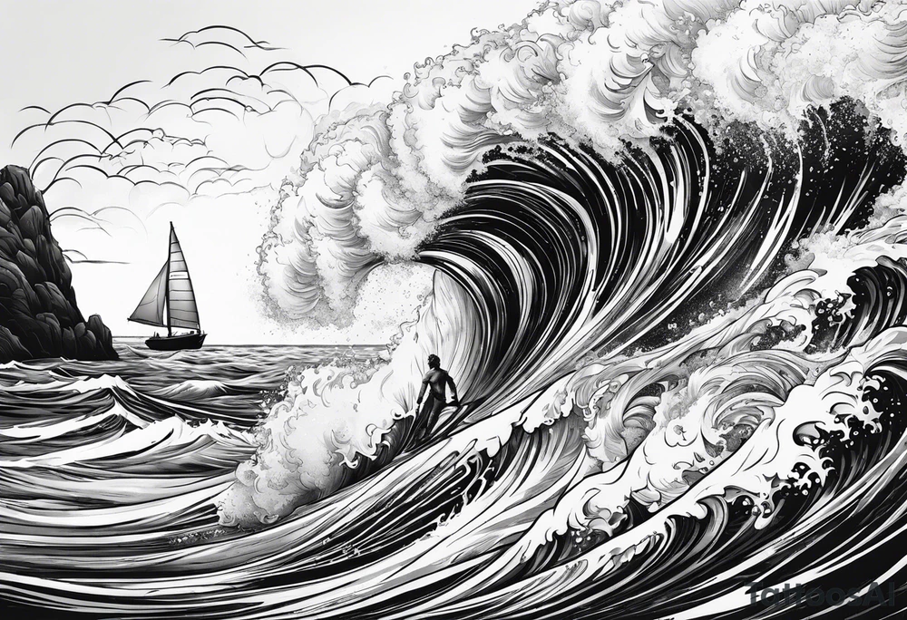 Poseidon im Meer mit Windsurfer und Wellen im Hintergrund tattoo idea