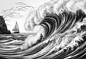 Poseidon im Meer mit Windsurfer und Wellen im Hintergrund tattoo idea