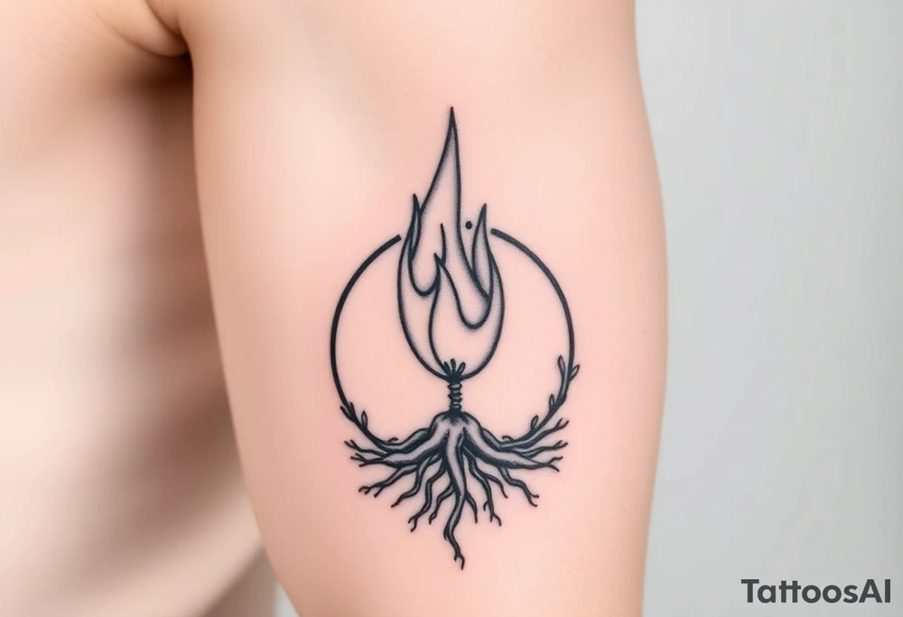 flame in a roots circle, with little sprouts on the outer circle tattoo idea