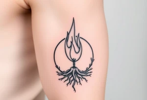 flame in a roots circle, with little sprouts on the outer circle tattoo idea