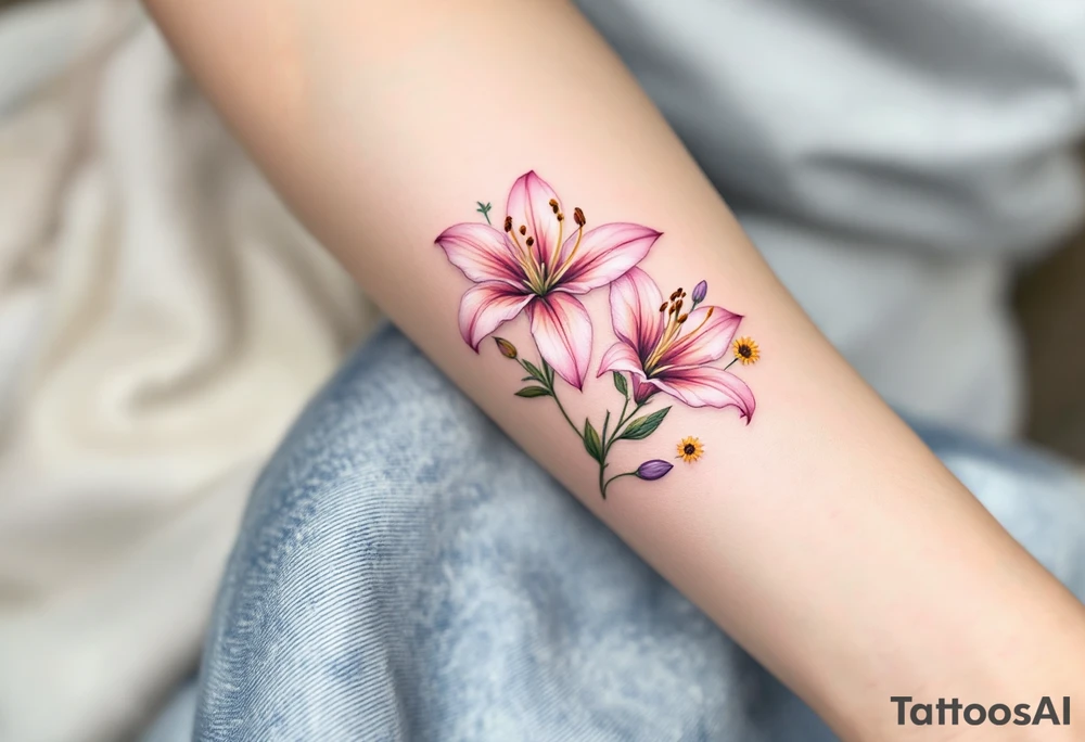 Dainty Stargazer lillies pale pink with small yellow sunflowers and pale purple tulip buds in a dainty wildflower bouquet with light green stems tattoo idea
