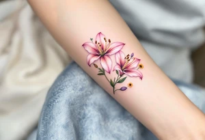 Dainty Stargazer lillies pale pink with small yellow sunflowers and pale purple tulip buds in a dainty wildflower bouquet with light green stems tattoo idea