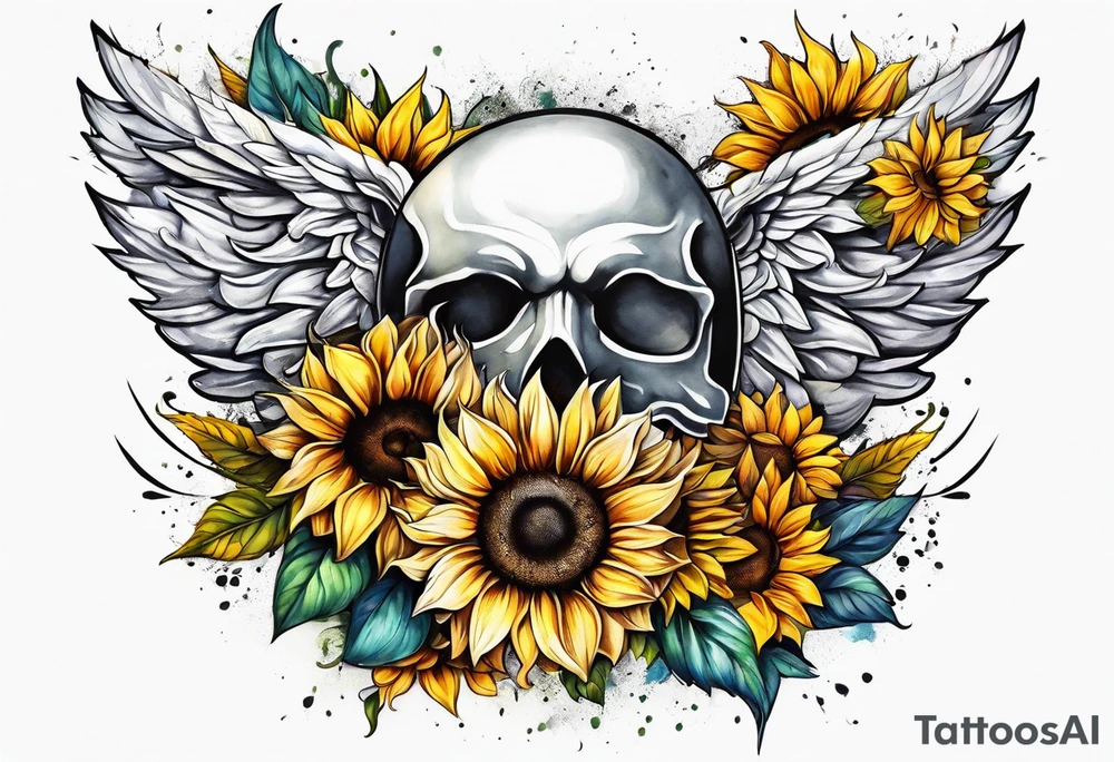 Sunflowers and angel wings leg sleeve tattoo idea