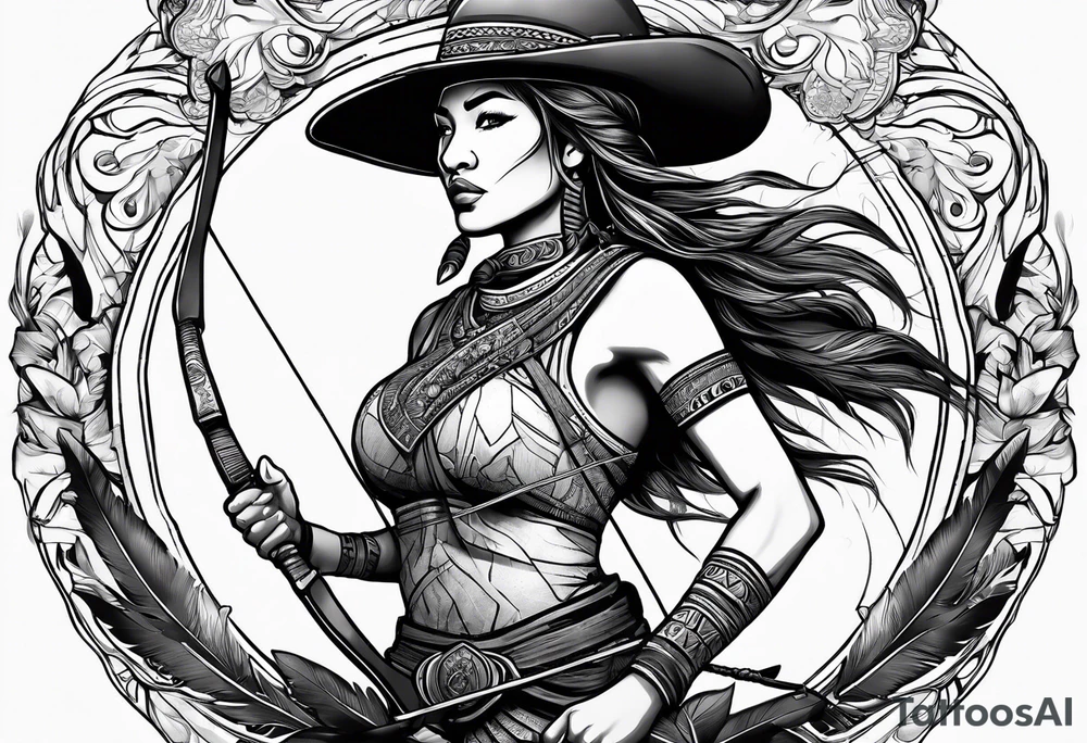 native woman female archer riding on buffalo tattoo idea