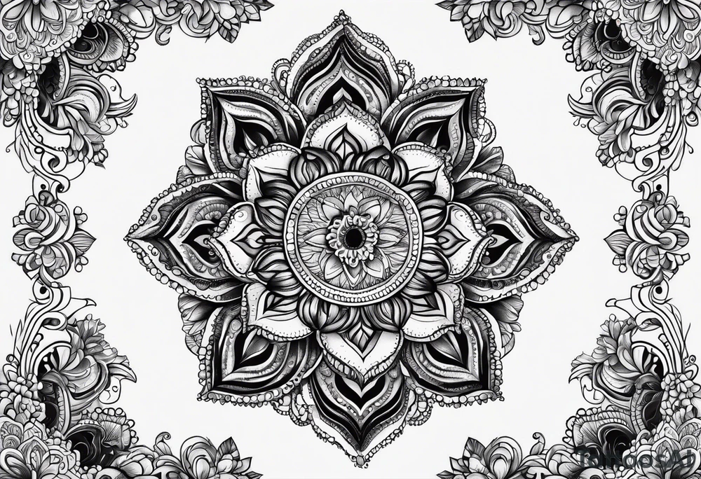 Black mushroom tattoo with henna style mandala design surrounding it tattoo idea