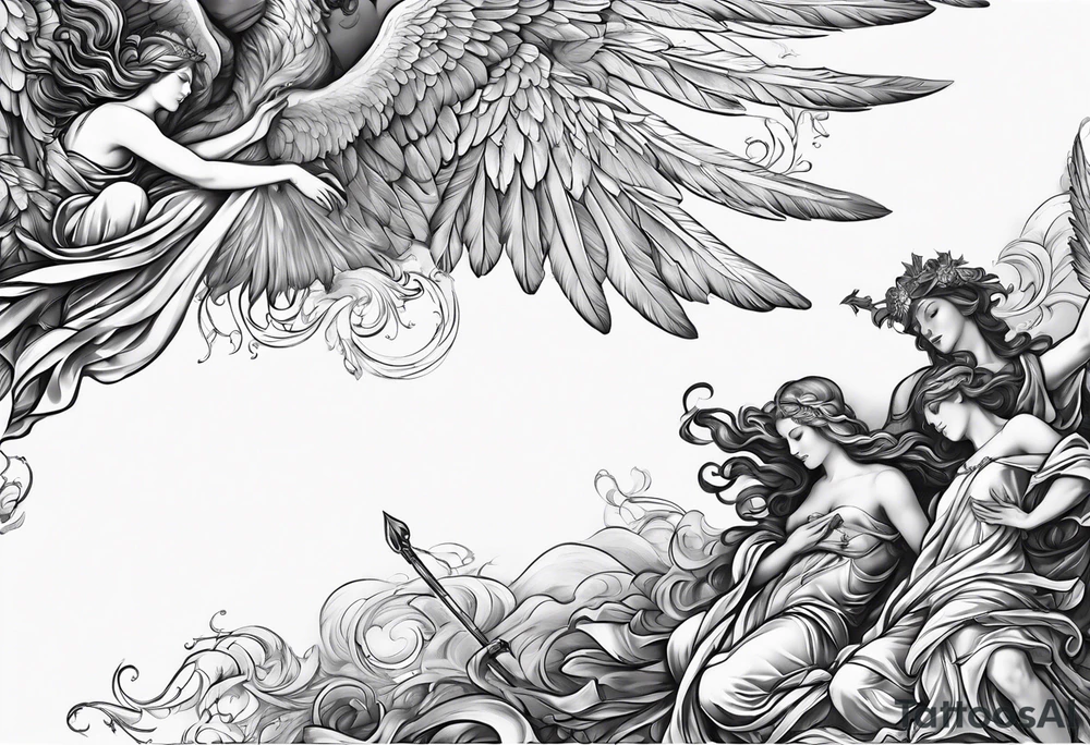 arm sleeve heaven at the top, angel
falling down hellscape at bottom tattoo idea