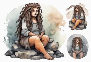 a plump mole woman with large round brown eyes grey fur and messy brown dreadlocks sitting in a simple stone throne in a cave tattoo idea