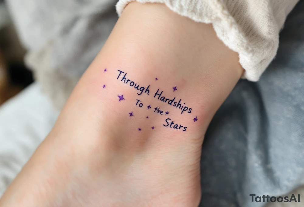 A simple black-ink tattoo wraps “Through Hardships To the Stars” around the ankle, with each word nestled between tiny violet stars. S tattoo idea