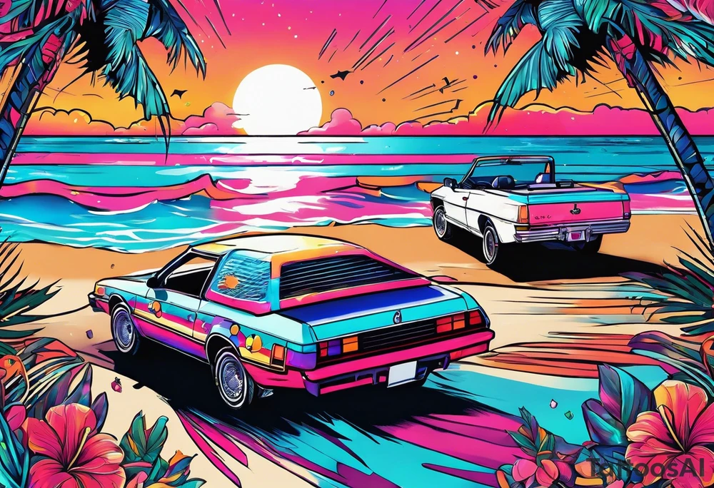 1980's miami vice style beach dance 
party, include confetti, music notes, boom box, bikinis sunset in the center tattoo idea