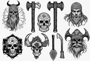 viking axe with crow and sugar skull tattoo idea