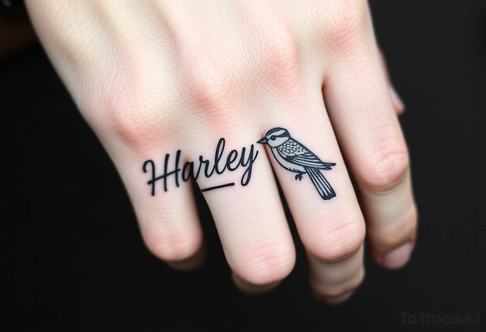 a couple names being Harley and Guy bird combined lettering meaning Harley bird tattoo idea