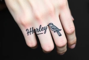 a couple names being Harley and Guy bird combined lettering meaning Harley bird tattoo idea