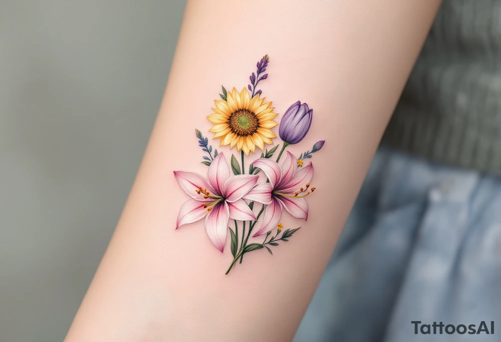 Small Stargazer lillies pale pink with no outline 
with small yellow sunflowers and pale purple tulip buds in a dainty wildflower bouquet with light green stems tattoo idea