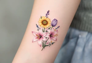 Small Stargazer lillies pale pink with no outline 
with small yellow sunflowers and pale purple tulip buds in a dainty wildflower bouquet with light green stems tattoo idea