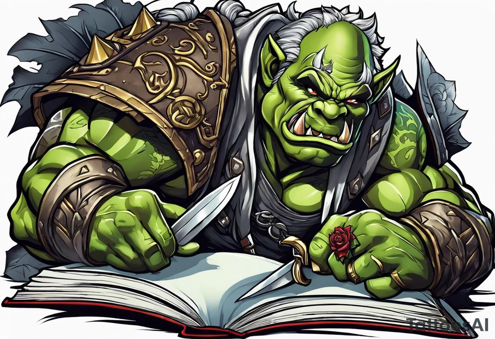 orc coming out of a book tattoo idea
