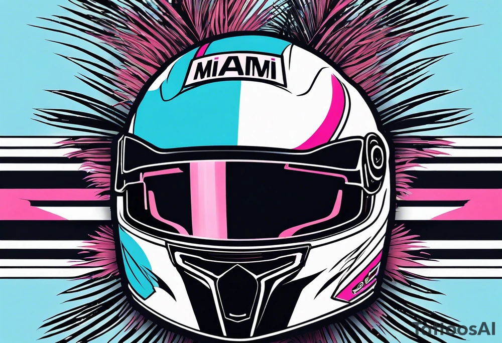 Formula 1 helment with the Miami name a palm tree and light blue black and pink colors 3/4 view tattoo idea