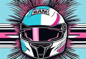 Formula 1 helment with the Miami name a palm tree and light blue black and pink colors 3/4 view tattoo idea