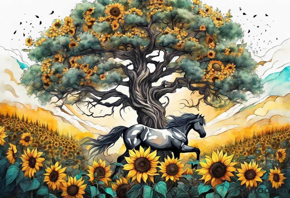 Yggdrasil tree, horse in front of it, and sunflowers tattoo idea