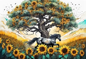Yggdrasil tree, horse in front of it, and sunflowers tattoo idea