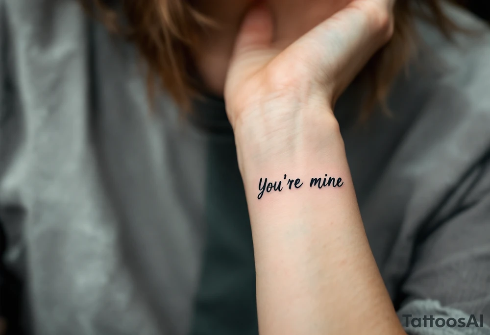 “I am yours” in soft gray on her wrist and “You´re mine” in black on his neck symbolize mutual belonging. tattoo idea
