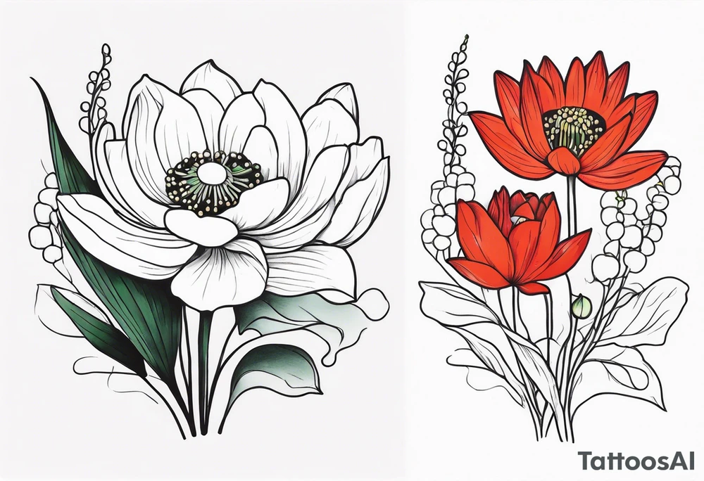 Poppy, water lily, Lily of the valley, flower bouquet, portrait style tattoo idea