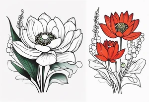Poppy, water lily, Lily of the valley, flower bouquet, portrait style tattoo idea