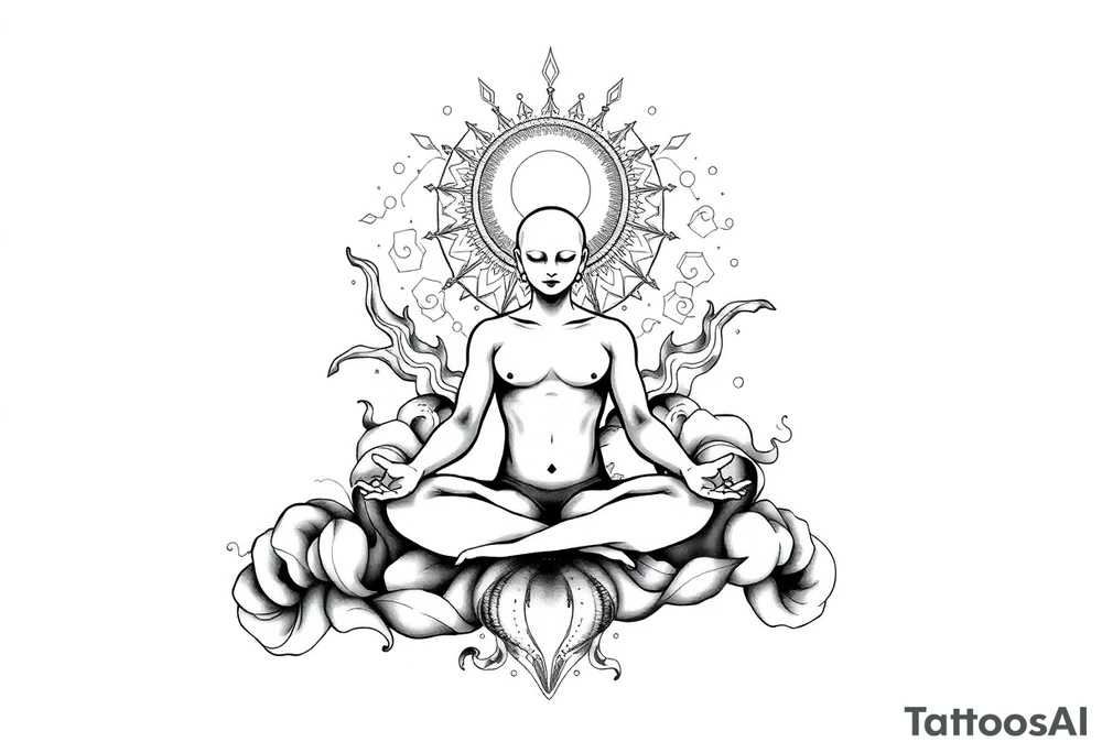 a figure sitting in lotus position meditating based on the lyrics “doing time in the universal mind” by the doors - with a psychedelic trippy background as the meditation expands out from his head into the universe / cosmos tattoo idea