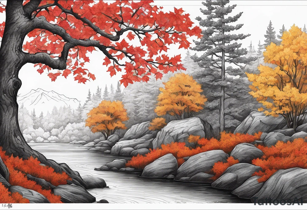 Full arm sleeve. Hikae. A maple tree with red autumn leaves that branches upwards. White-throated dipper bird on the trees branches. Calluna flowers at the base of the trees stem. Tree stem has dark colors. Red/yellow sunset behind the trees stem. Leaves falling. tattoo idea