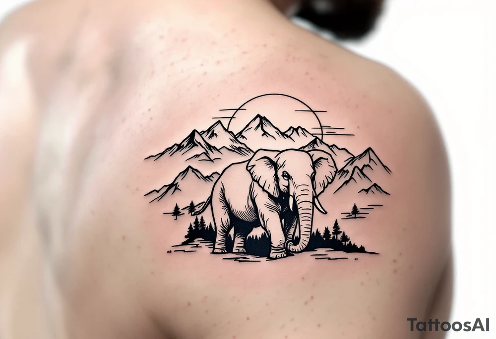 An elephant with mountains and the sunset in the background tattoo idea