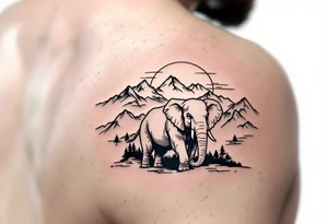 An elephant with mountains and the sunset in the background tattoo idea