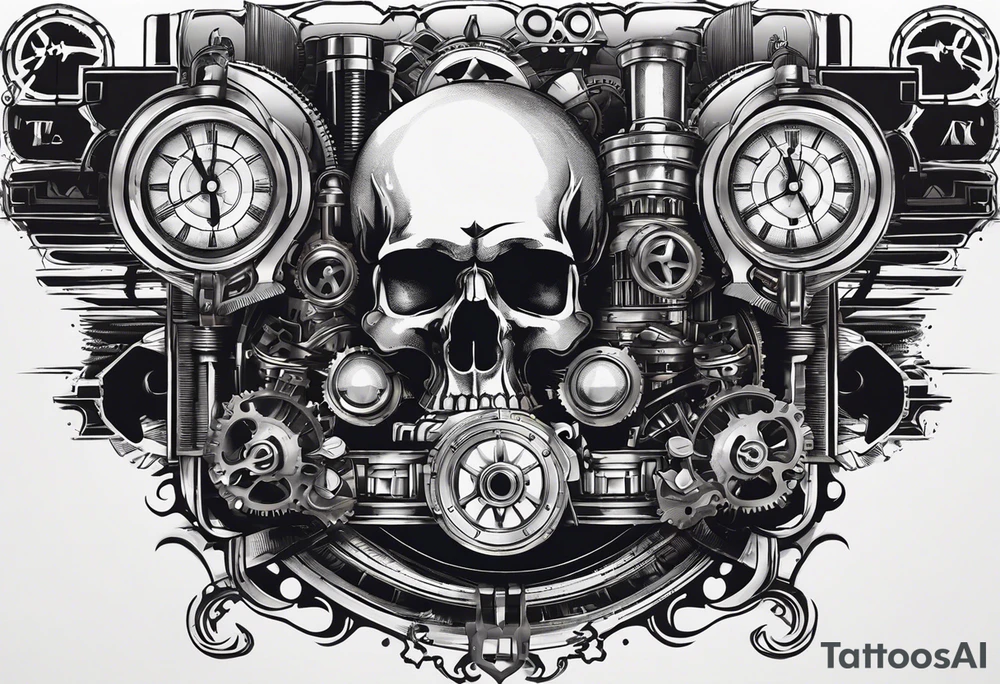 Powerful skull powered by an engine featuring an "steampunk desing" in the image appears a psiton and a turbo, also the dseign must be vertical. Also, the desing must be minimalistic not saturated. Remember the vertical design as this will go in my calf tattoo idea