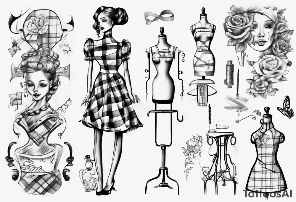drawing of a dressmaker's dummy wearing a little girl's plaid dress tattoo idea