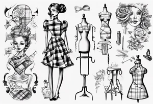 drawing of a dressmaker's dummy wearing a little girl's plaid dress tattoo idea