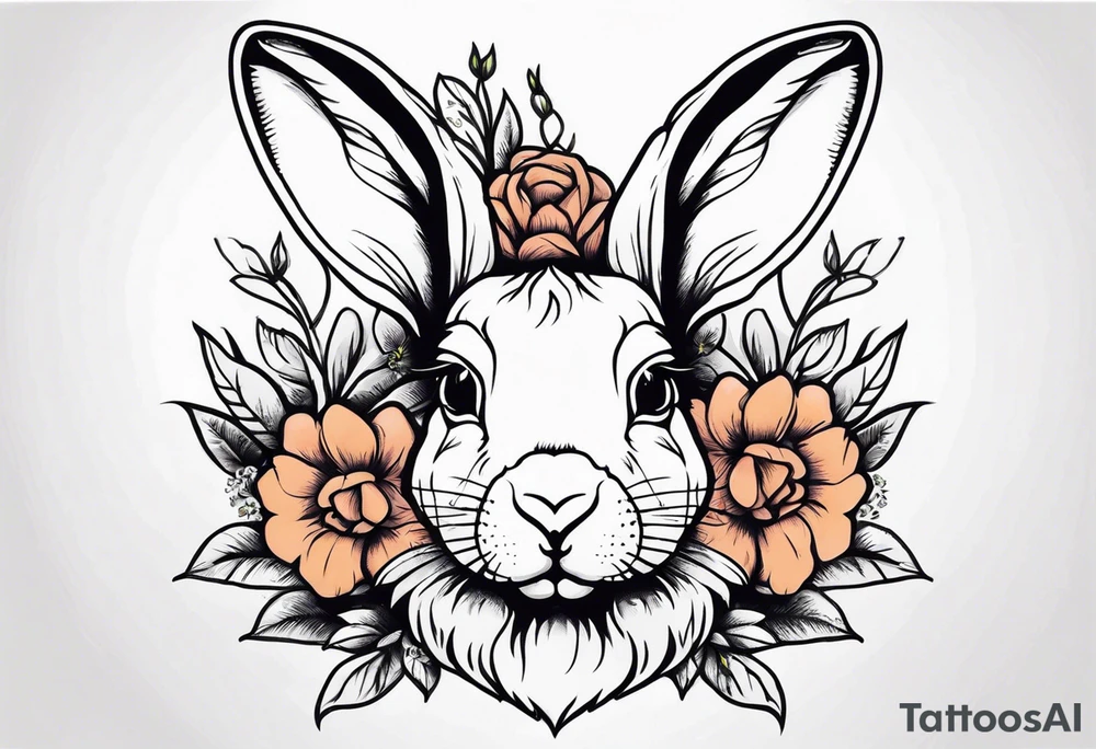 Realistic rabbit head and flowers tattoo idea