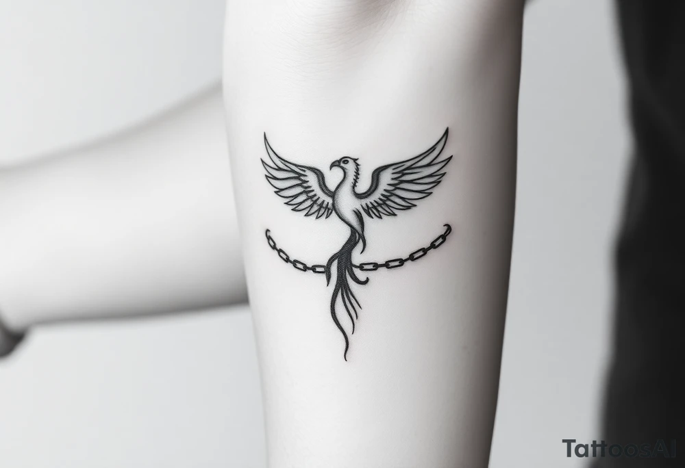 Design a minimalist tattoo: a phoenix or tree breaking chains, symbolizing freedom from addiction and rebirth. Include dates 21.02 and 22.02 subtly. Emphasize self-love, dignity, and inner strength. tattoo idea
