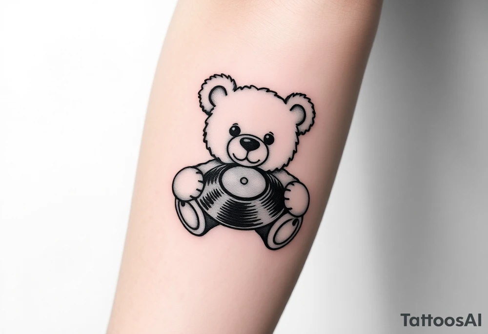 minimalist teddy bear smiling and holding a vinyl record tattoo idea