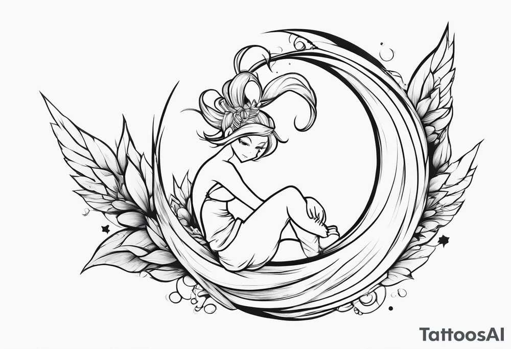 No color fairy with a tail inspired by the logo of the anime show called Fairy Tail in a fetal position leaning in and forward while in the air floating tattoo idea