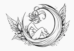 No color fairy with a tail inspired by the logo of the anime show called Fairy Tail in a fetal position leaning in and forward while in the air floating tattoo idea