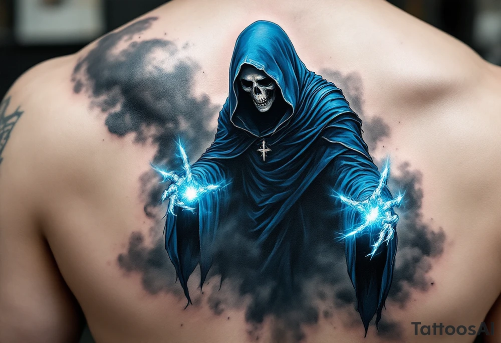 A blue-hooded Grim Reaper stepping out of a smoky gray mist with glowing white skeletal hands. tattoo idea